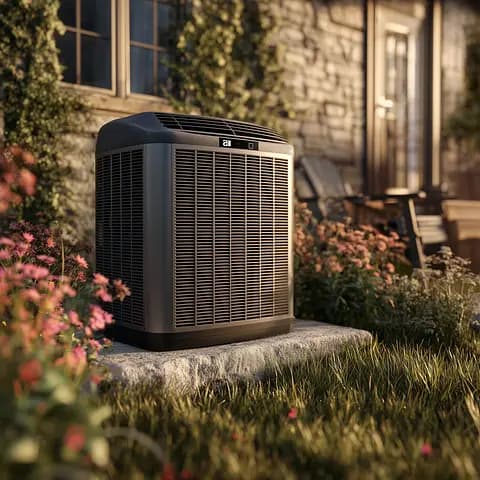 Outdoor air conditioning unit on a stone slab, surrounded by flowering plants and a house in the background.