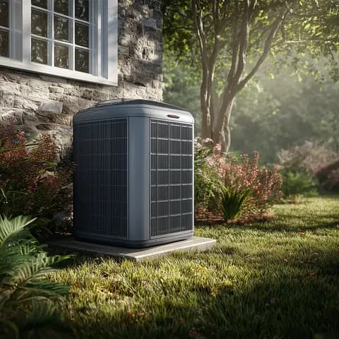 Outdoor air conditioning unit beside a stone house, surrounded by green plants and trees in a sunny garden.