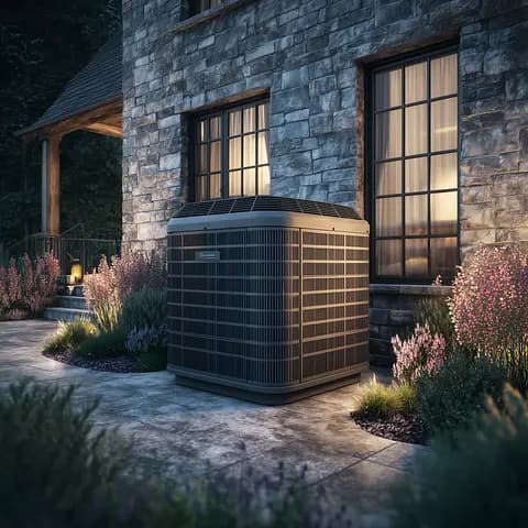 Air conditioning unit outside a stone house, surrounded by lit garden plants at dusk.