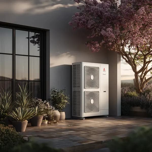 Outdoor air conditioning unit on patio, surrounded by potted plants and a blooming tree, near a large window.