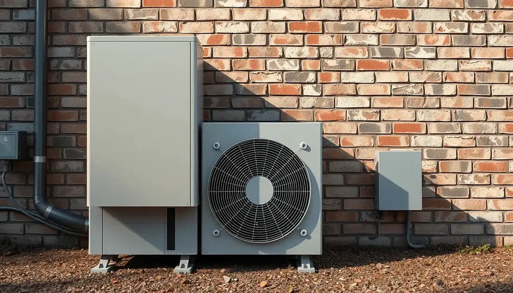 Outdoor HVAC unit against a brick wall, with pipes and electrical box. Sunlight casts shadows on the ground.