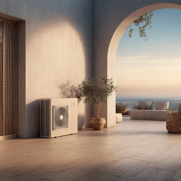 Outdoor AC unit on a patio with a potted plant, archway, and ocean view at sunset.