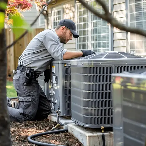 Outdoor air conditioning unit installed alongside a residential property.
